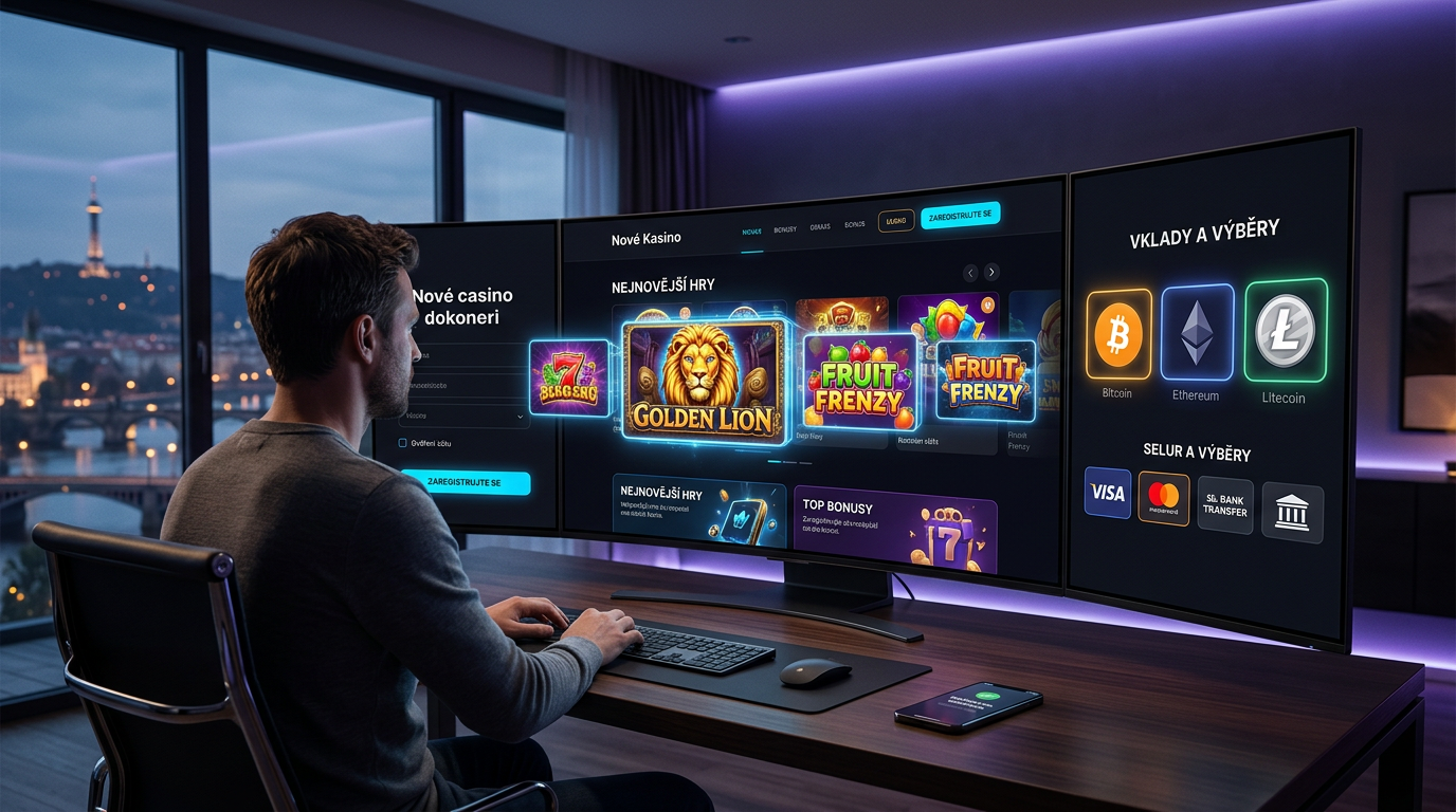 Futuristický interiér digitálního kasina roku 2026 s holografickými hrami a krypto symboly