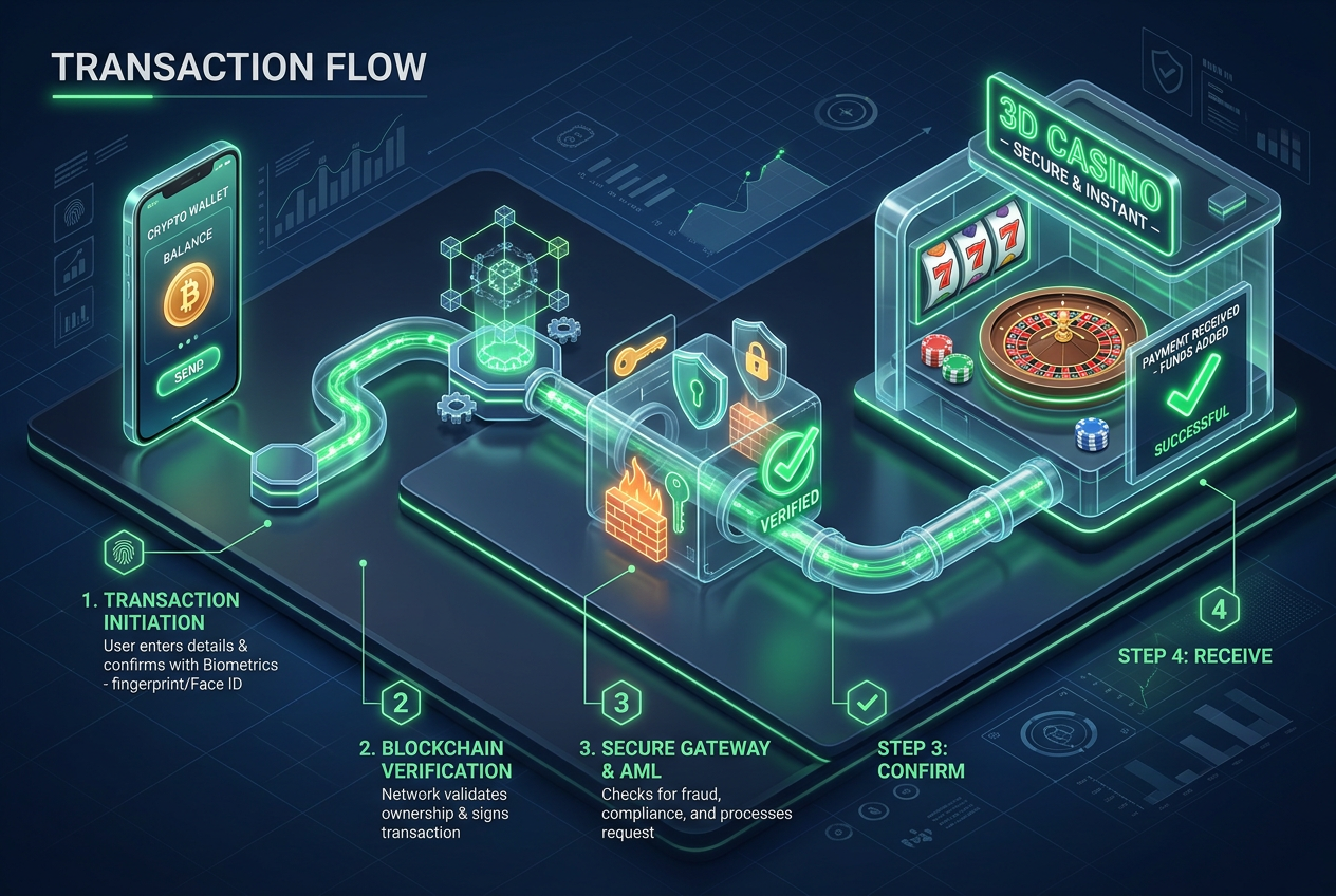 Izometrická infografika procesu vkladu z krypto peněženky do online casina