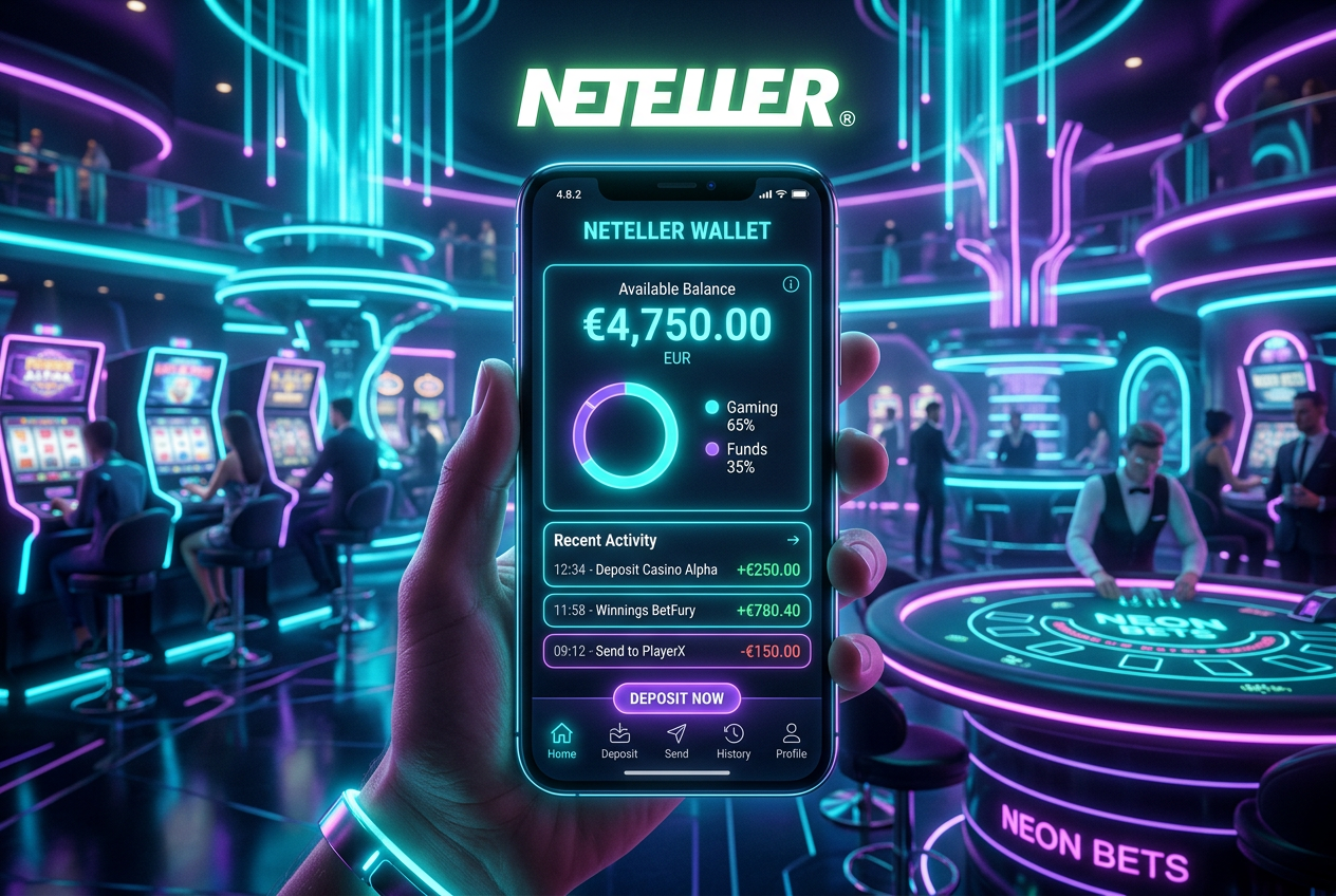 Moderní smartphone s aplikací Neteller a platební terminál v futuristickém kasinu