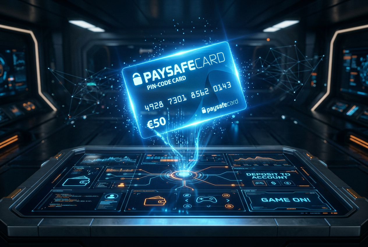 Moderní digitální platební terminál s logem Paysafecard v high-tech prostředí