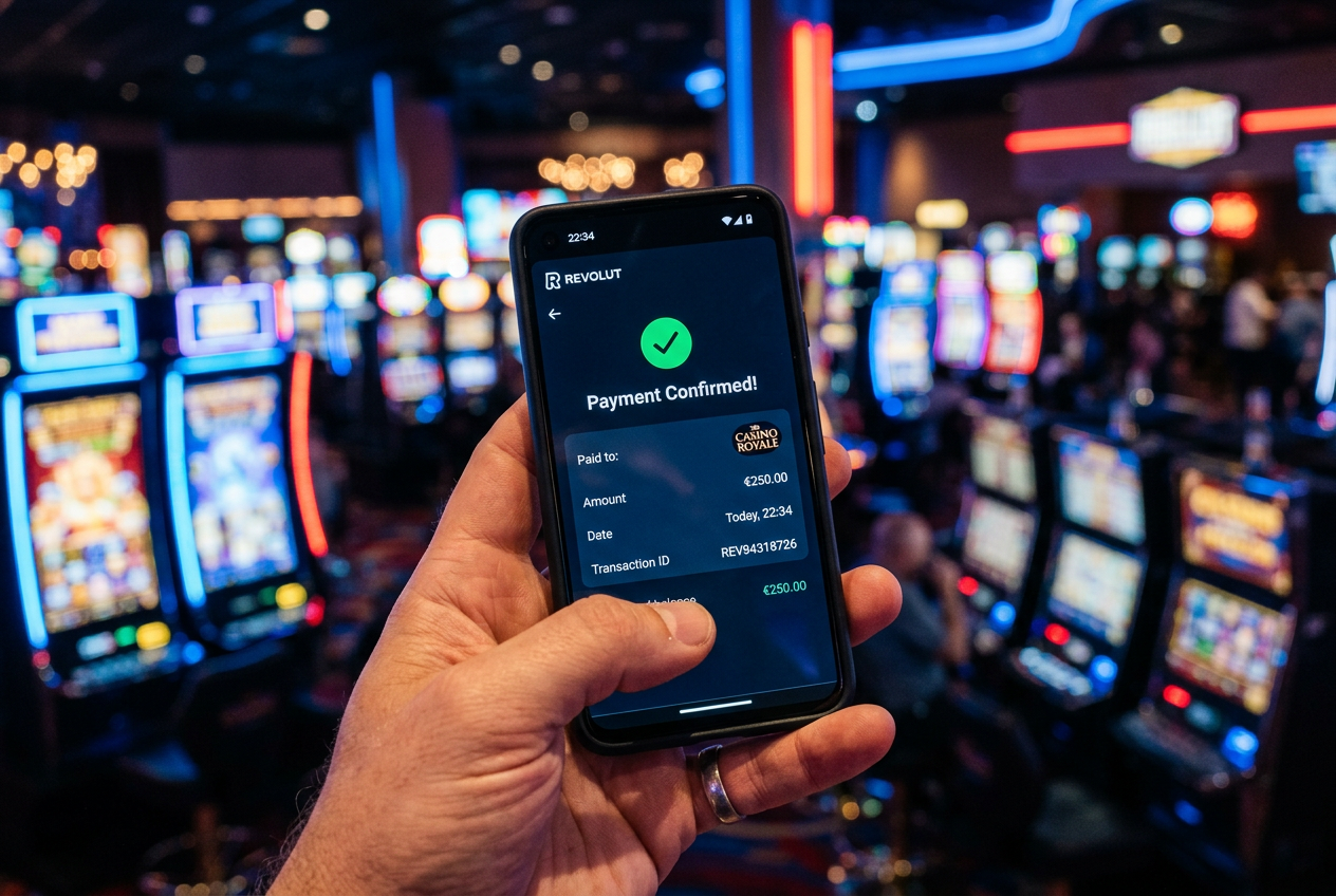 Mobilní telefon s aplikací Revolut potvrzující platbu v online kasinu