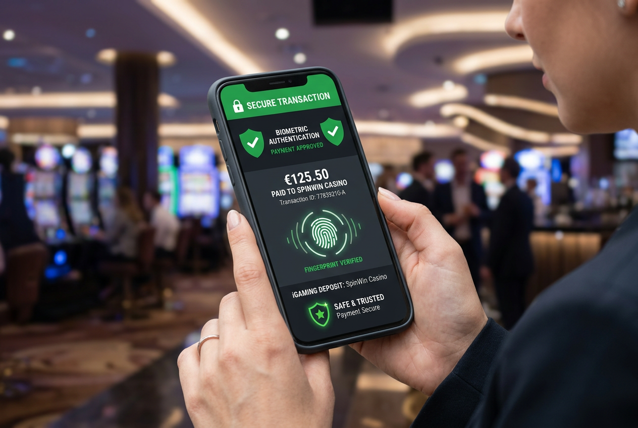 Smartphone zobrazující úspěšnou transakci s holografickými bezpečnostními prvky